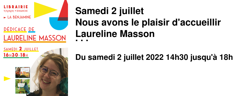 Samedi 2 juillet Nous avons le plaisir d'accueillir Laureline Masson Laureline Masson fait des albums bilingues (anglais/fran�ais) pour les enfants � partir de 3-4 ans, qui fonctionnent pour certains jusqu'� 7 ans, en premi�res lectures. Dans son album le plus connu, Cache-cache dans la ville / Hide and seek in town, publi� aux �ditions [Bluedot], un chapeau malicieux s'�chappe de la t�te de son propri�taire et c'est parti pour une course poursuite acharn�e � travers les pentes et le plateau de la Croix-Rousse ! De 14h30 � 16h30 l'autrice propose un atelier aux enfants de 5 � 10 ans "Chapeaux utiles et mode d'emploi" Dessiner le chapeau et d�tailler avec une mini-BD le fonctionnement du chapeau : chapeau anti moustique, chapeau pour �tre � l'heure, chapeau pour porter ses courses... - sur inscription - De 16h30 � 18h elle d�dicace ces ouvrages ! - entr�e libre -