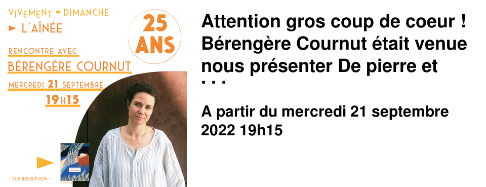 Attention gros coup de coeur ! B�reng�re Cournut �tait venue nous pr�senter De pierre et d'os (Le Tripode) en 2020. L'histoire de sa jeune h�ro�ne, seule sur la banquise, est rest�e dans nos m�moires comme une magnifique le�on de vie, et B�reng�re Cournut, son franc parler, son travail de recherche, sa po�sie, nous ont conquis ! Elle revient mercredi 21 septembre � 19h15 � L'A�n�e pour la sortie de Zizi Cabane (Le Tripode). Avec une fantaisie qui n'appartient qu'� elle, l'autrice nous conte le destin d'une m�re qui s'�vapore de la maison et laisse un trio pas banal d'enfants livr�s � eux-m�mes. Des contr�es de l'enfance jusqu'� la d�couverte du grand Nord, c'est un nouveau voyage qui commence.... Vous l'avez compris, nous mourrons d'envie de vous faire d�couvrir ce roman que nous aimons tant et pour lequel la presse aussi s'enthousiasme. Et nous pr�f�rons vous pr�venir tout de suite : si vous assistez � une rencontre avec B�reng�re Cournut vous ferez d�finitivement partie de la tribu de ses adorateurs ! 