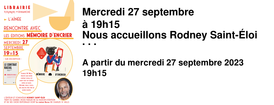 Mercredi 27 septembre � 19h15 Nous accueillons Rodney Saint-�loi pour une soir�e exceptionnelle autour de la maison d'�dition M�moire d'Encrier � la fois �crivain et �diteur, Rodney Saint-�loi a fond� la maison M�moire d'Encrier en 2003 pour mettre en avant les paroles autochtones et pr�senter une litt�rature et une pens�e autre que celle qui pr�vaut : blanche et occidentale. Lors de cette rencontre, nous reviendrons sur Le Contrat Racial de Charles W. Mills pour lequel Louise a pr�sent� son coup de coeur au Book Club de France Culture : "En reprenant Rousseau, Hobbes, Locke et autres, Charles W. Mills prouve que notre contrat social est avant tout un contrat entre les races. Histoire, philo, socio... une analyse tr�s fine de notre soci�t�." Nous vous pr�senterons �galement le catalogue de la maison qui propose notamment deux ouvrages � la rentr�e litt�raire 2023 : Hors-Sol de Philippe Yong et Le Violon d'Adrien de Gary Victor.