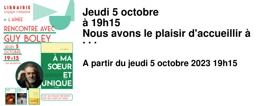 Jeudi 5 octobre � 19h15 Nous avons le plaisir d'accueillir � nouveau Guy Boley pour son dernier roman A ma soeur unique, �ditions Grasset pour lequel il vient de remporter le Prix des Deux Magots 2023 "Un roman �rudit � l'�criture fac�tieuse sur la vie de Nietzsche et le r�le m�connu de sa s%u0153ur, qui accapara la pens�e lumineuse du philosophe pour faire du profit. D�couvrez l'�criture puissante de Guy Boley, qui dresse un portrait tr�s personnel de son philosophe pr�f�r�. Un livre d'une grande intelligence !"