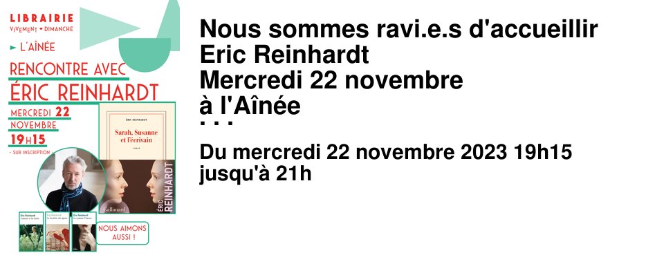 Nous sommes ravi.e.s d'accueillir Eric Reinhardt Mercredi 22 novembre � l'A�n�e � l'occasion de la sortie de son dernier roman Sarah, Susanne et l'�crivain, Gallimard En ouvrant le nouveau livre d'Eric Reinhardt, on croit reconna�tre le syst�me narratif qu'il utilise dans L'Amour et les for�ts. Ce roman, paru en 2014, multiprim� et r�cemment adapt� au cin�ma par Val�rie Donzelli, raconte l'histoire d'un �crivain qui utilise les confidences d'une lectrice pour �crire un livre. Mais Sarah, Susanne et l'�crivain est loin d'�tre un bis repetita. Car entre Sarah et l'�crivain, il y a le personnage, Susanne, et aussi le lecteur. Ce dispositif vertigineux nous tend des miroirs qui nous renvoient la r�alit� sous des angles diff�rents. Certes on vit avant tout une histoire vibrante, aux mille facettes : celle d'une femme qui va subir maintes d�sillusions et chercher sa place sans renier ses id�aux. Mais on interroge dans le m�me temps le processus cr�atif. La lecture devient alors un plaisir intellectuel aussi bien qu'�motionnel, et les questions soulev�es sont multiples. Une rencontre qui promet d'�tre passionnante � bien des �gards !